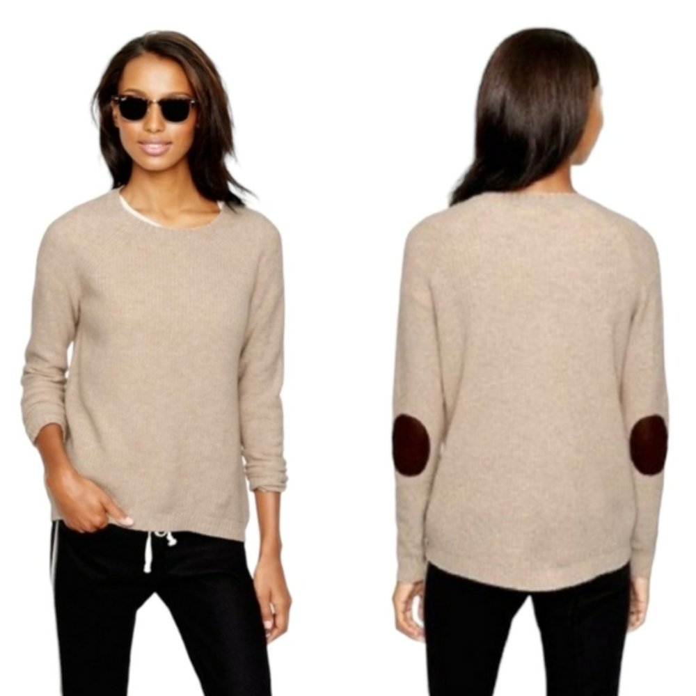 J. Crew 100% Wool Beige Sweater w/ Leather Elbow Patches
